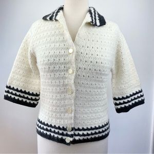 Womens Vintage Short Sleeve Cardigan Sweater with Collar Cream and Grey …